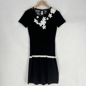Leo Guy Elegant Black & White Floral Appliqué Short Sleeve Drop Waist Midi Dress